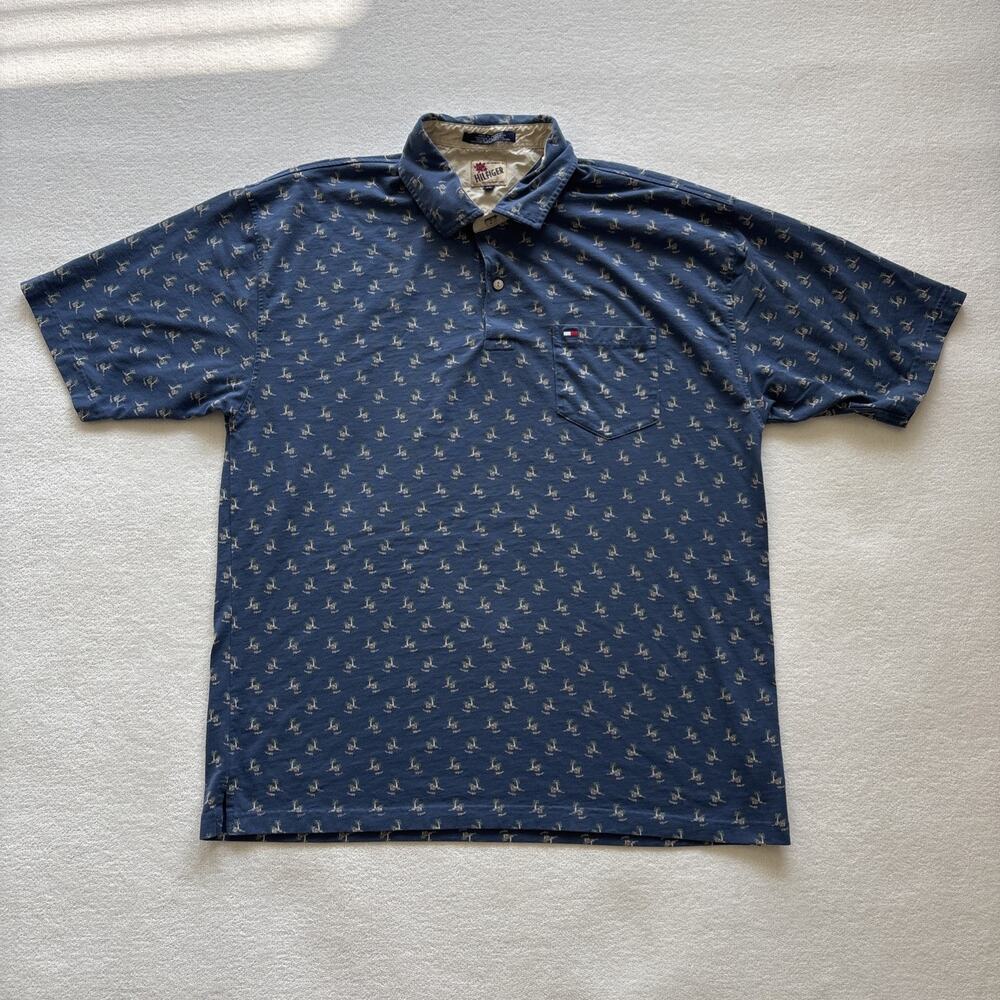 VTG Tommy Hilfiger Men XXL Blue Polo Palm Island‎ Tree Pattern Short Sleeve